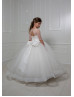 Dotted Tulle Lace Keyhole Back Ivory Flower Girl Dress